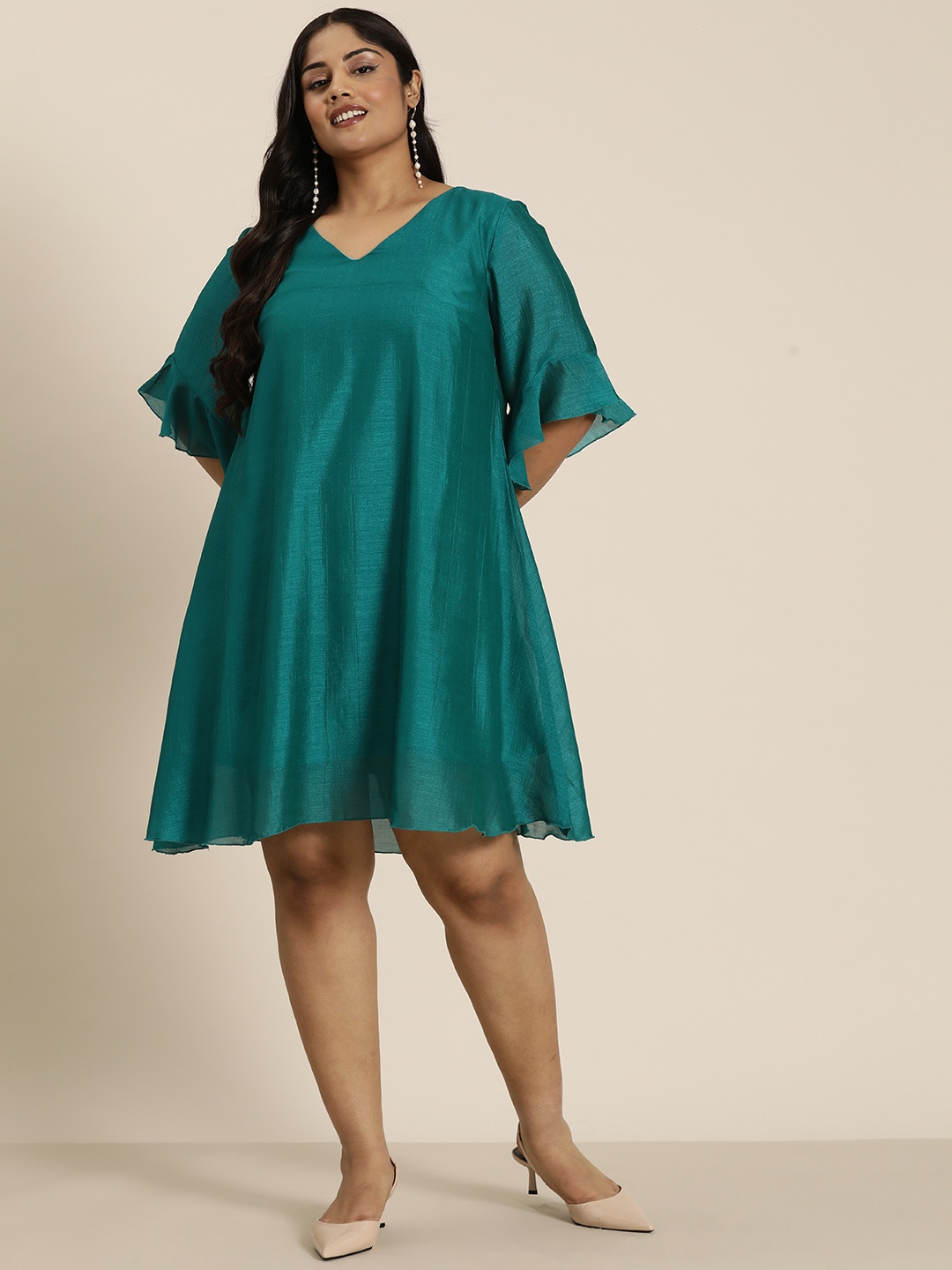 

Qurvii+ Plus Size Bell Sleeves A-Line Dress, Teal