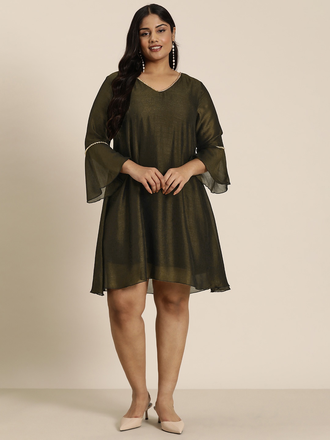 

Qurvii+ Plus Size Bell Sleeves A-Line Dress, Olive