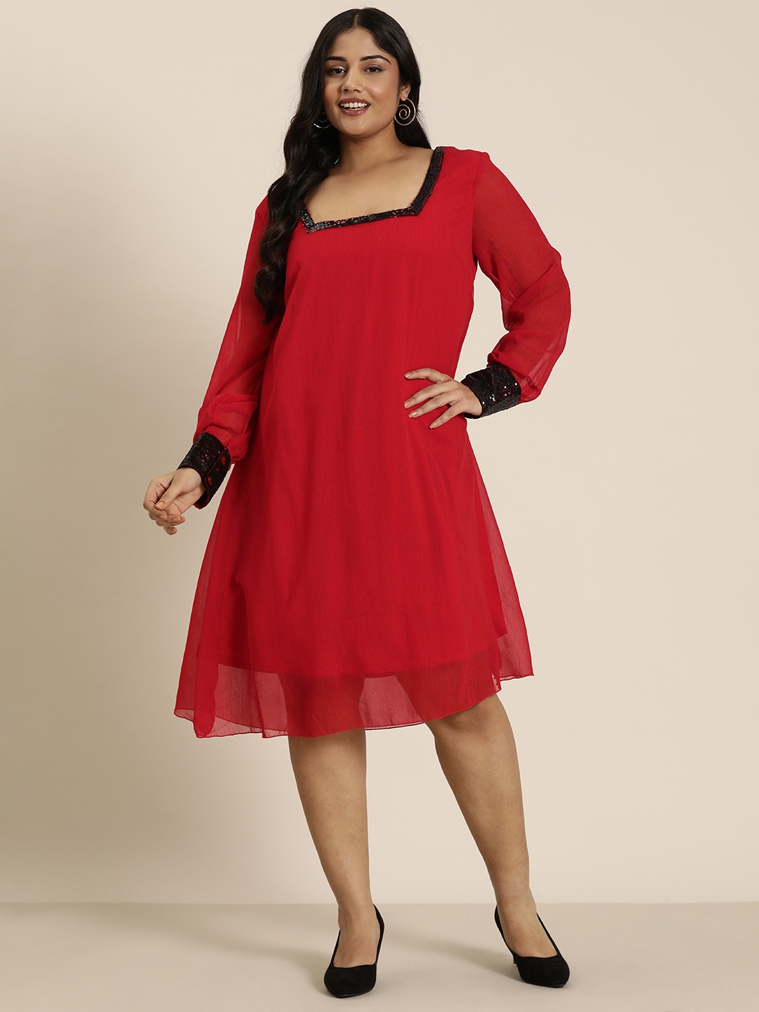 

Qurvii+ Plus Size Sequinned Georgette A-Line Dress, Red