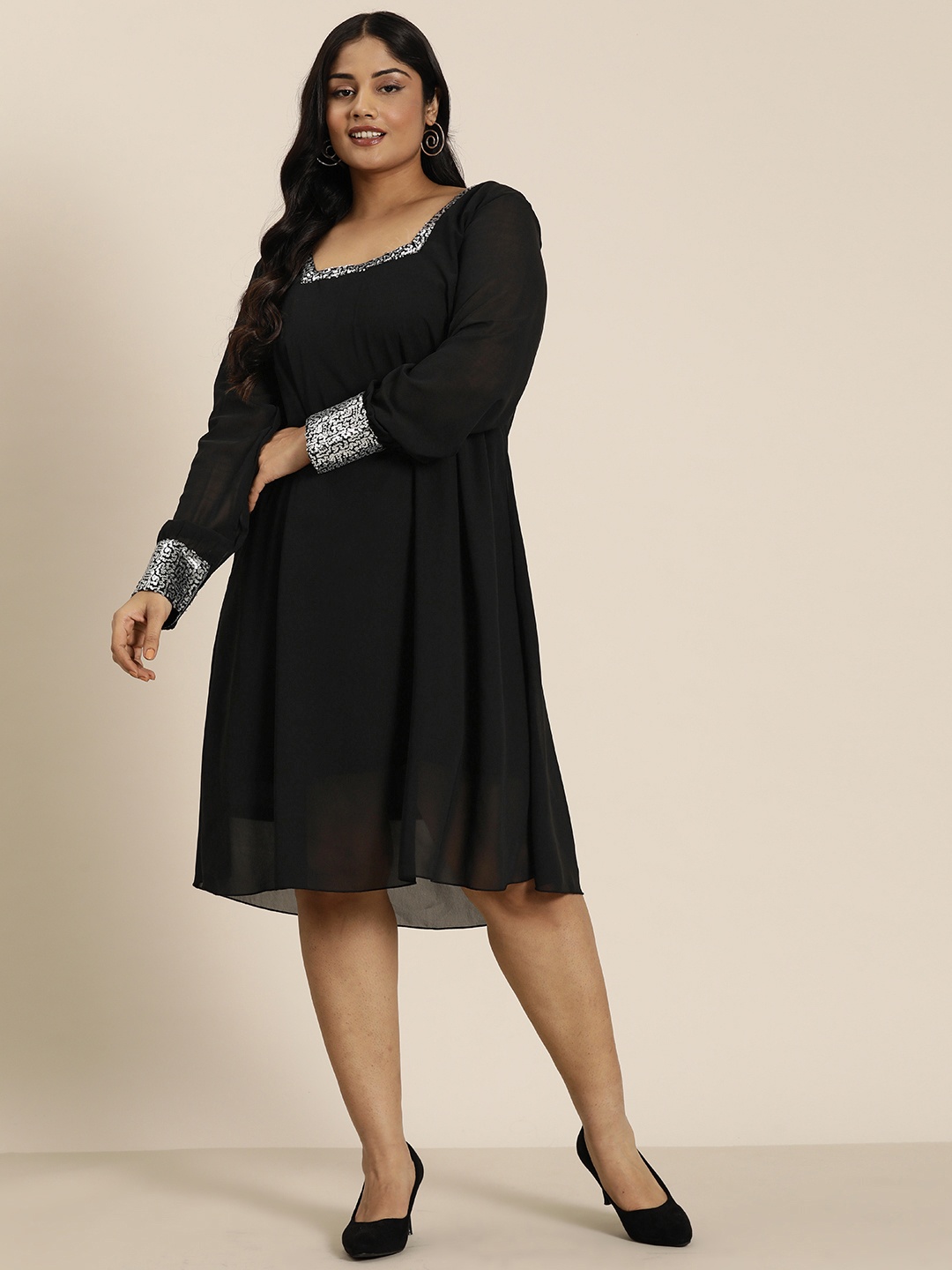 

Qurvii+ Plus Size Sequinned Georgette A-Line Dress, Black