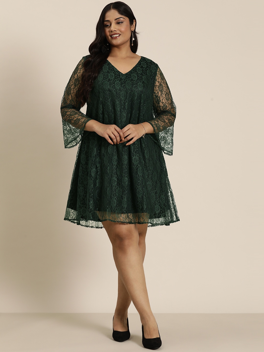 

Qurvii+ Plus Size Floral Bell Sleeves Net A-Line Dress, Green