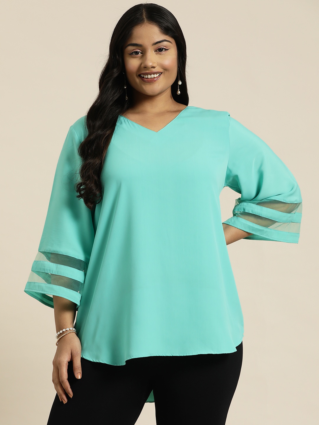 

Qurvii+ Plus Size Flared Sleeves Longline Top, Turquoise blue