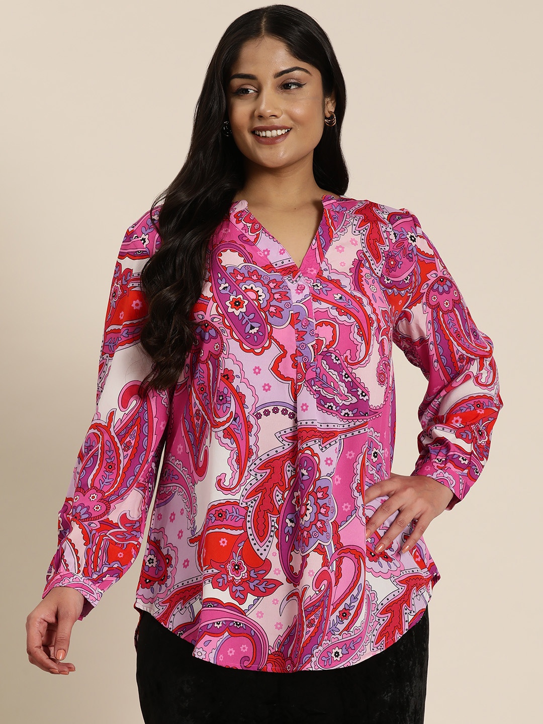 

Qurvii+ Plus Size Comfort Printed Mandarin Collar Crepe Casual Shirt, Pink