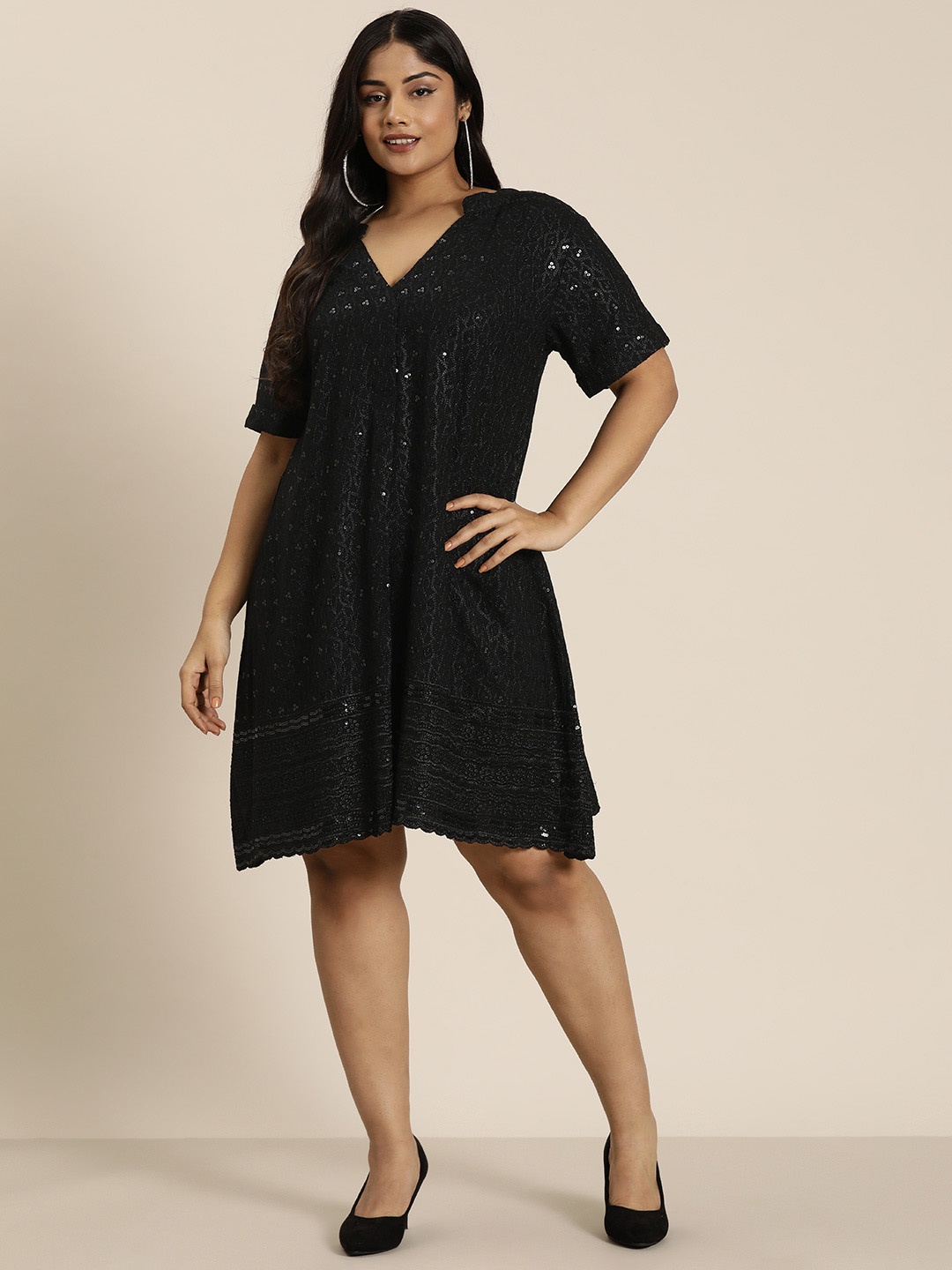 

Qurvii+ Plus Size Embellished Embroidered A-Line Dress, Black