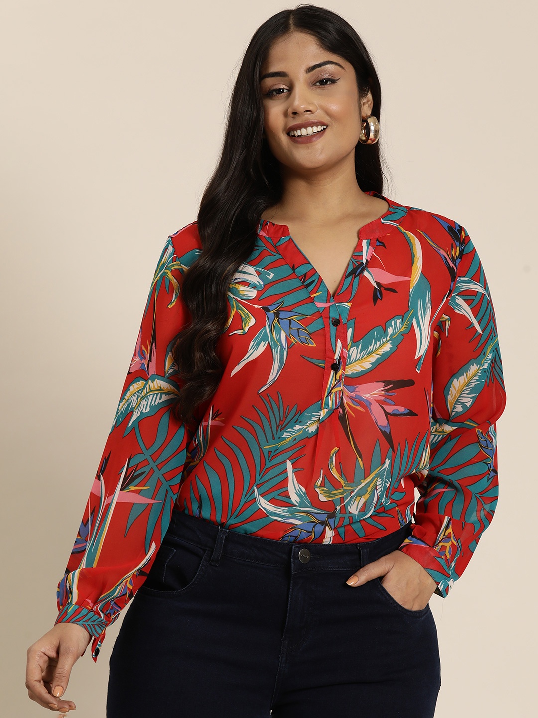 

Qurvii+ Plus Size Comfort Floral Printed Mandarin Collar Casual Shirt, Red
