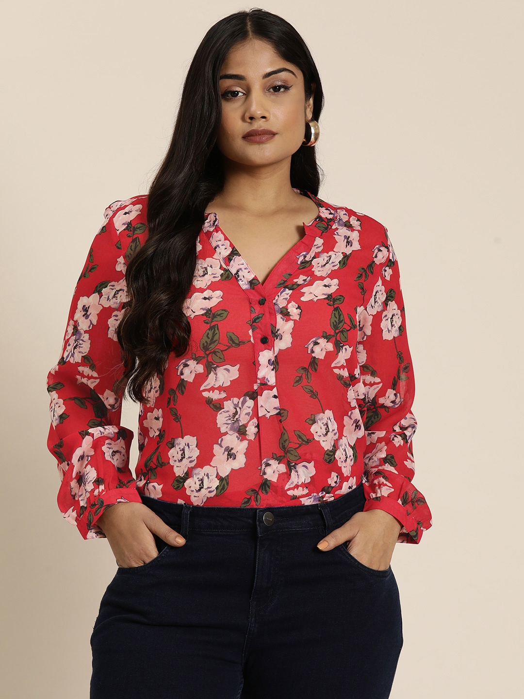 

Qurvii+ Plus Size Comfort Floral Printed Mandarin Collar Casual Shirt, Red