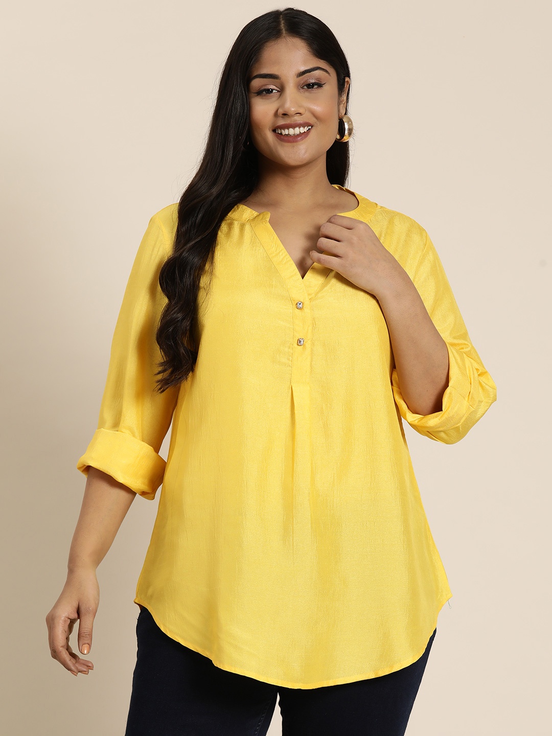 

Qurvii+ Plus Size Mandarin Collar Comfort Casual Shirt, Yellow