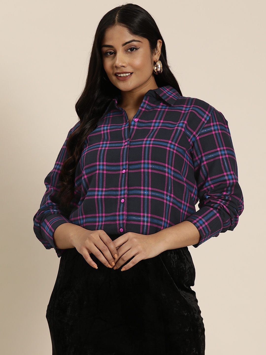 

Qurvii+ Plus Size Comfort Checked Casual Shirt, Navy blue