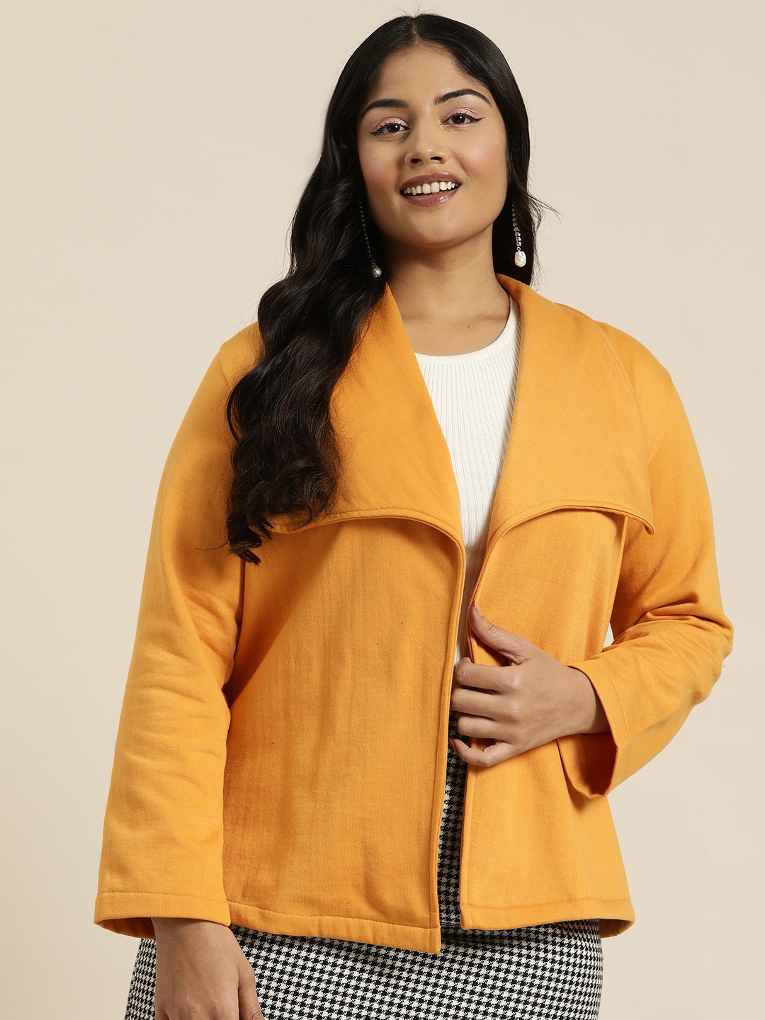 

Qurvii+ Plus Size Front-Open Overcoat, Yellow