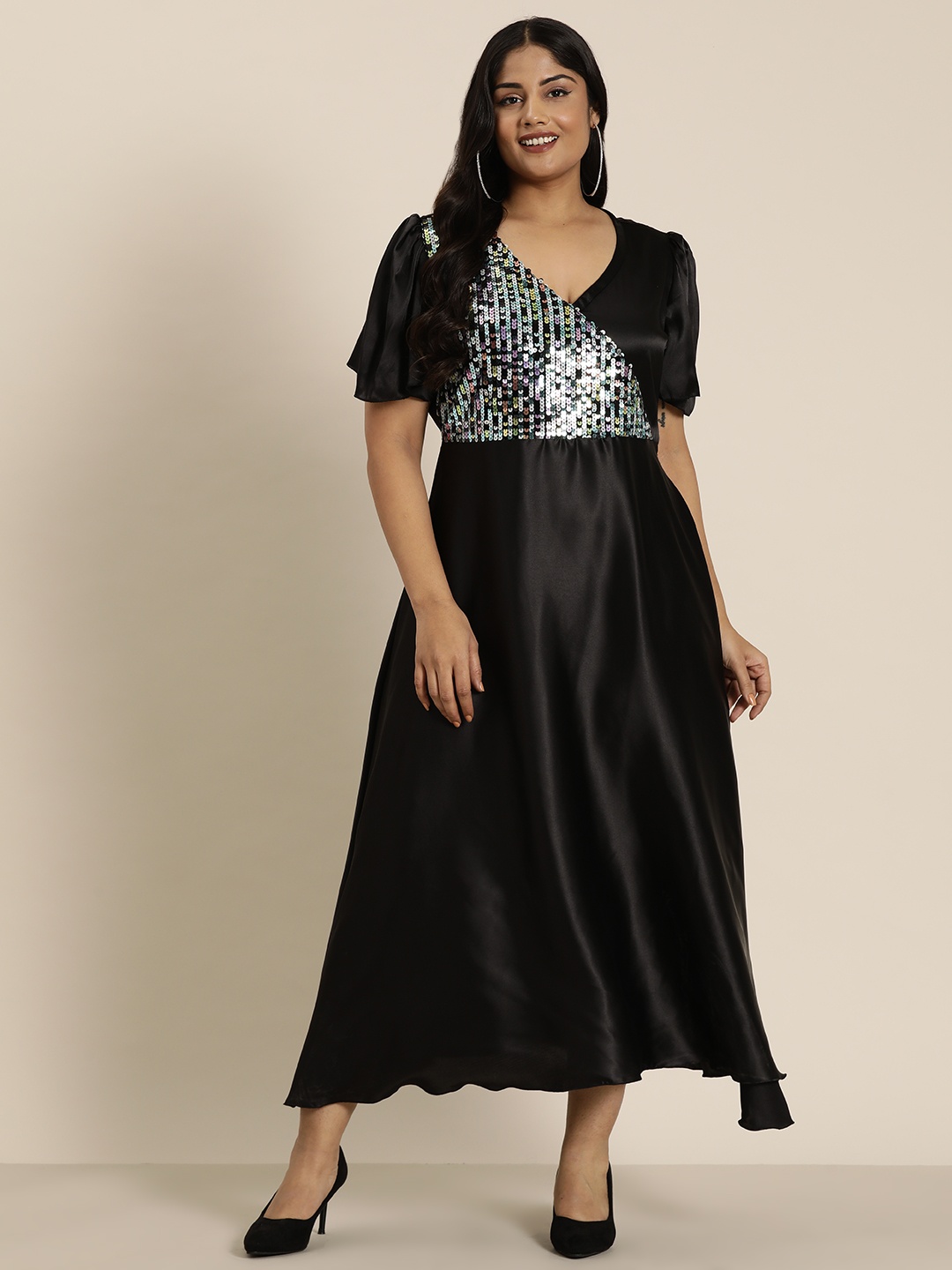 

Qurvii+ Plus Size Embellished Flared Sleeve Satin Fit & Flare Maxi Dress, Black