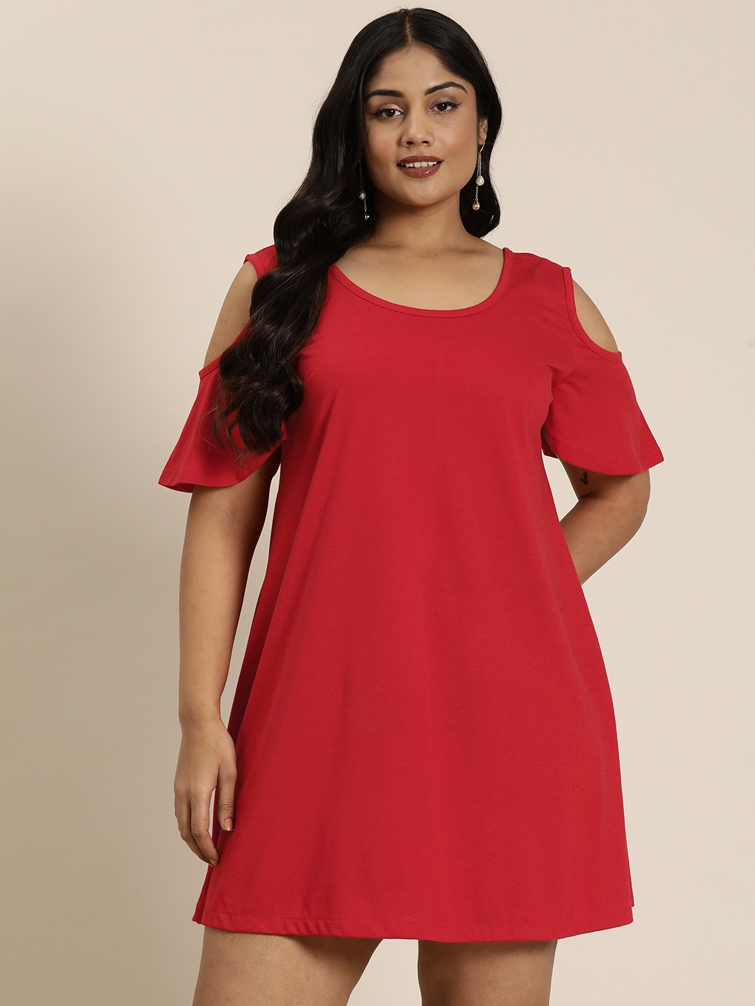 

Qurvii+ Plus Size Cold-Shoulder A-Line Dress, Red
