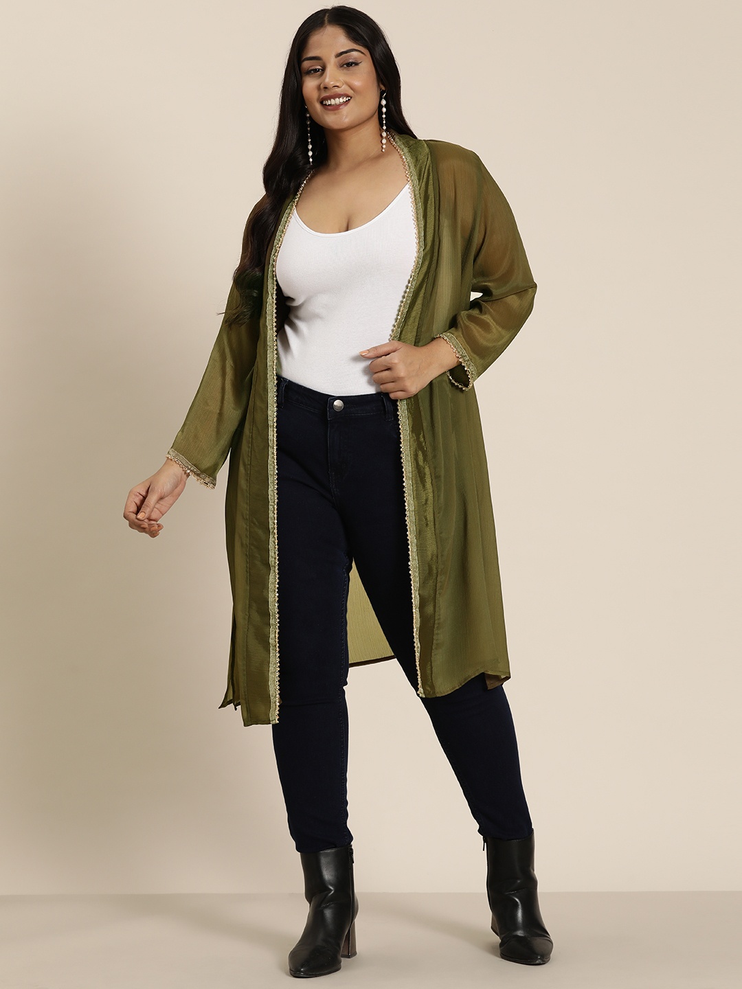 

Qurvii+ Plus Size Embellished Longline Shrug, Olive