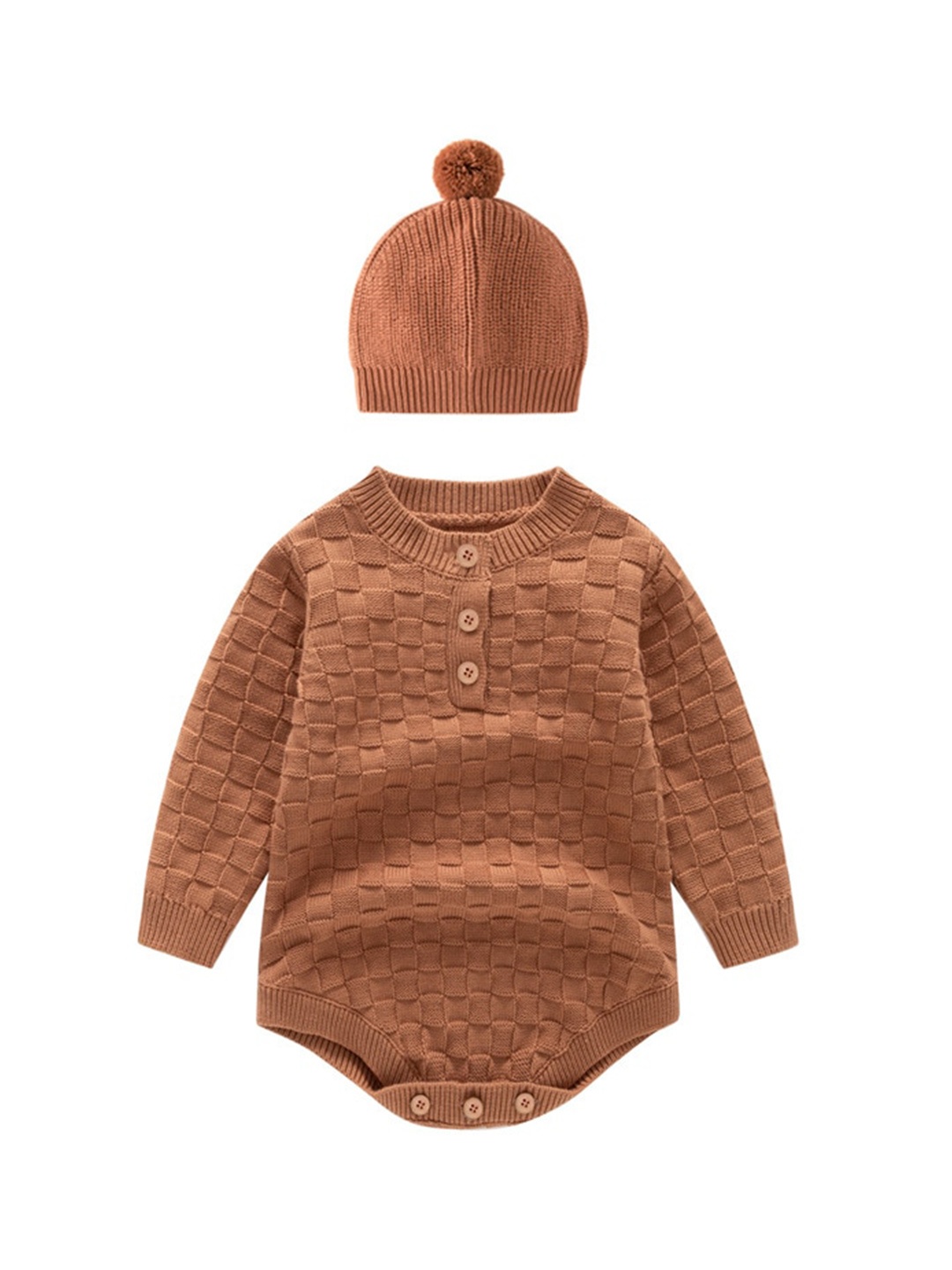 

StyleCast Brown Infant Kids Knitted Cotton Romper With Beanie