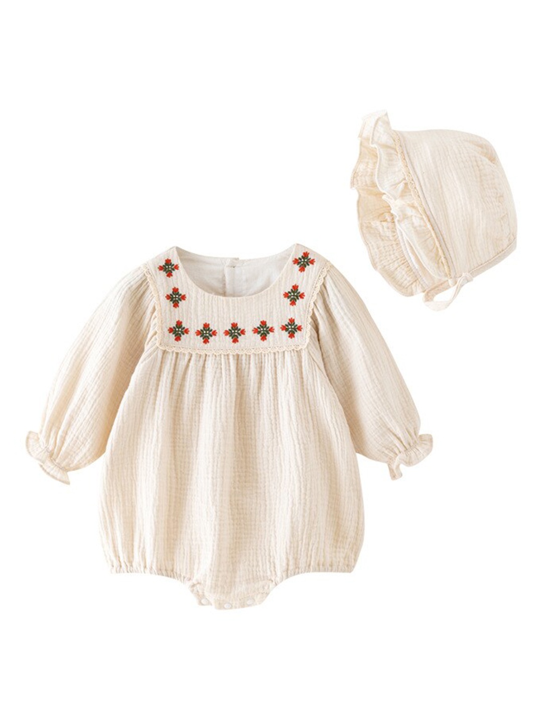 

StyleCast Infants Girls Beige Floral Embroidered Cotton Bodysuit With Cap