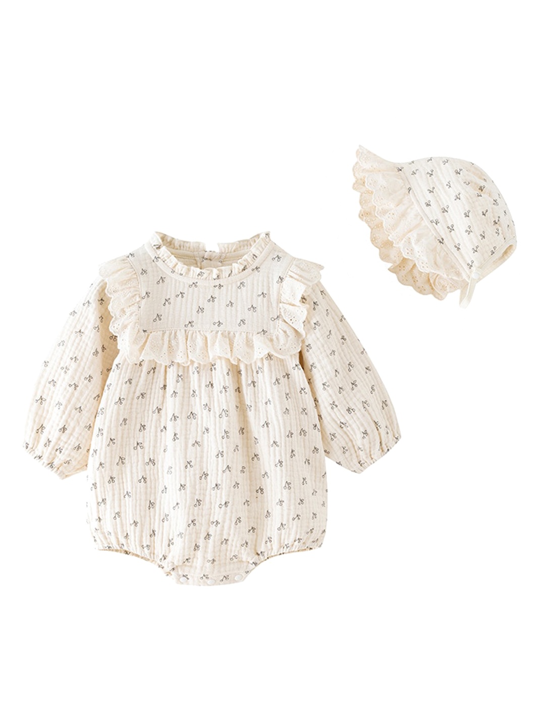

StyleCast Beige Infants Girls Printed Cotton Romper With Cap