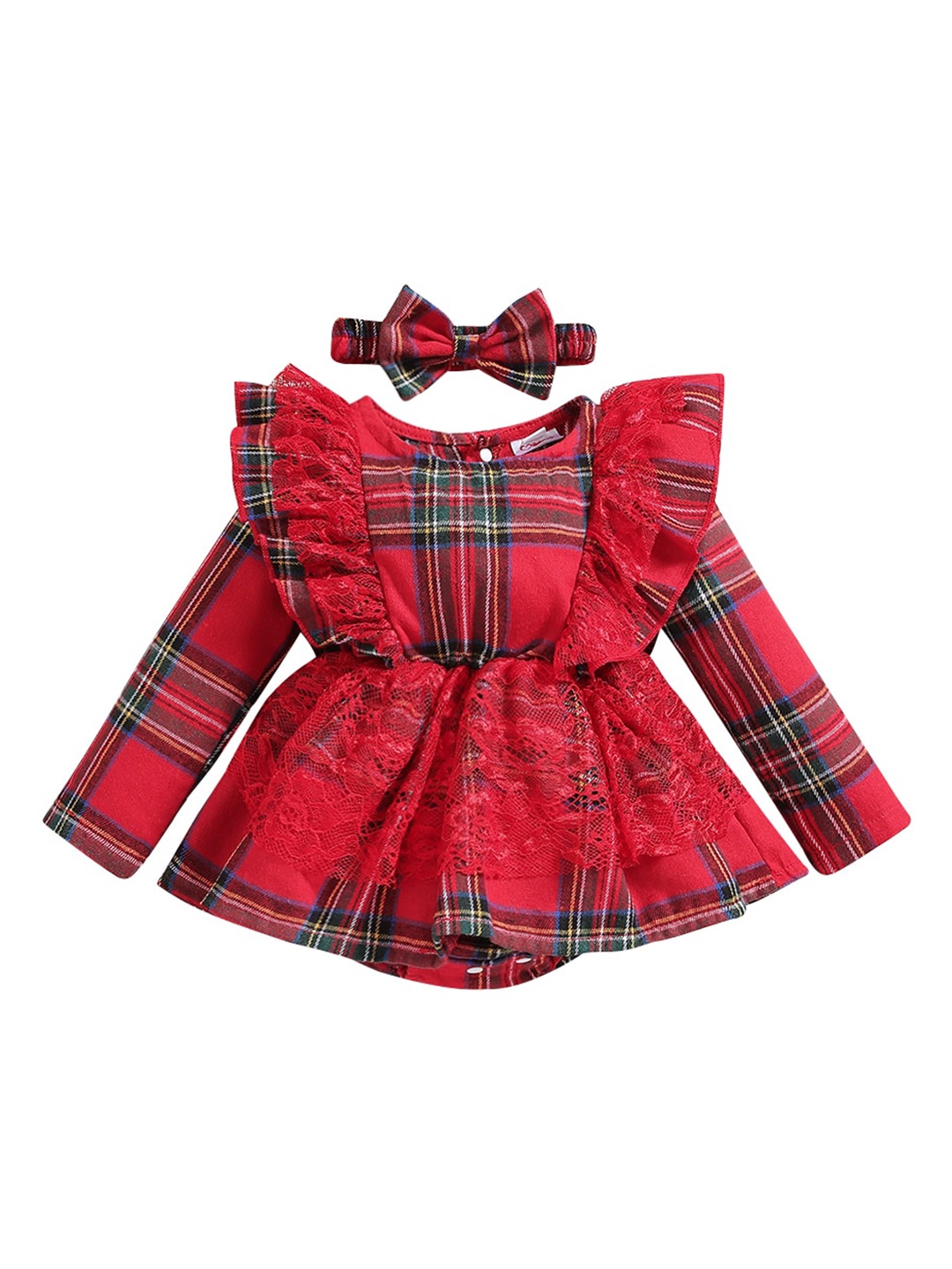 

StyleCast Infant Girls Red Checked Laced Cotton Bodysuit With Headband