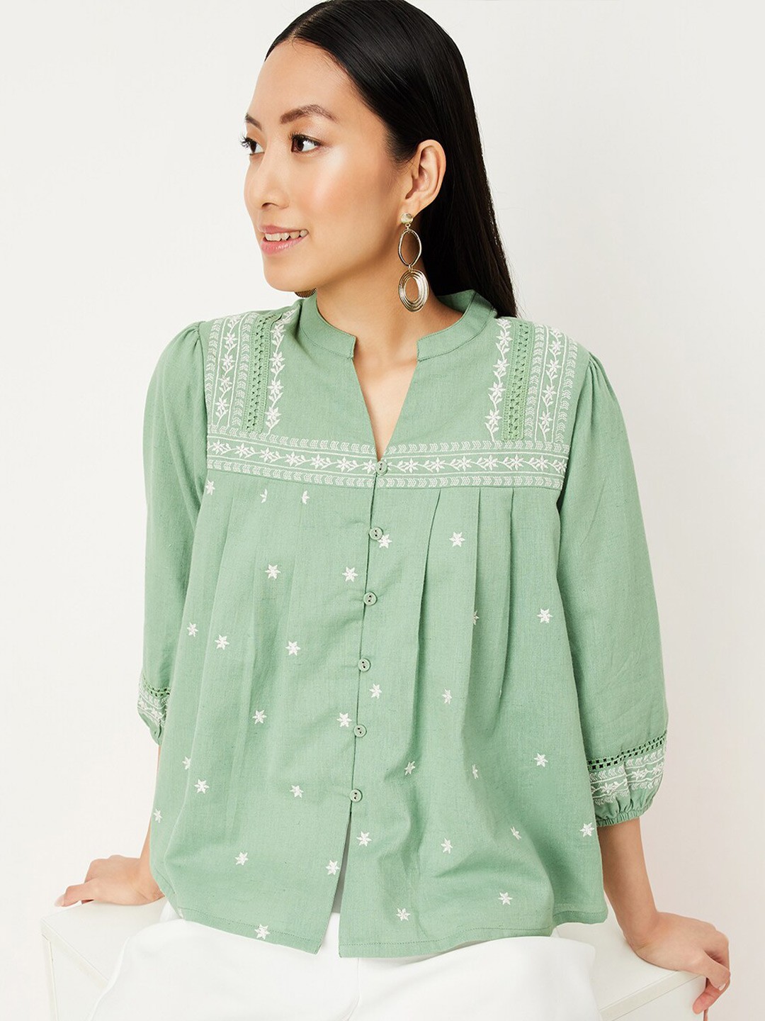 

max Floral Embroidered Mandarin Collar Puff Sleeve Cotton Shirt Style Top, Green