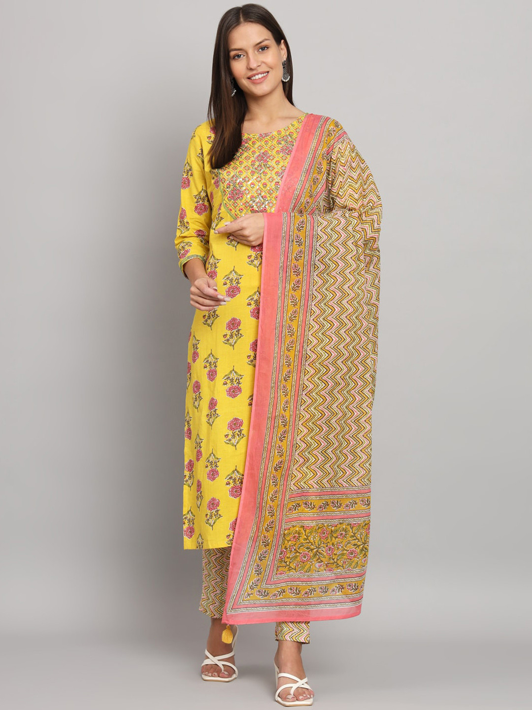 

RANGMAYEE Floral Jaipuri Printed & Embroidered Pure Cotton Kurta With Trousers & Dupatta, Yellow
