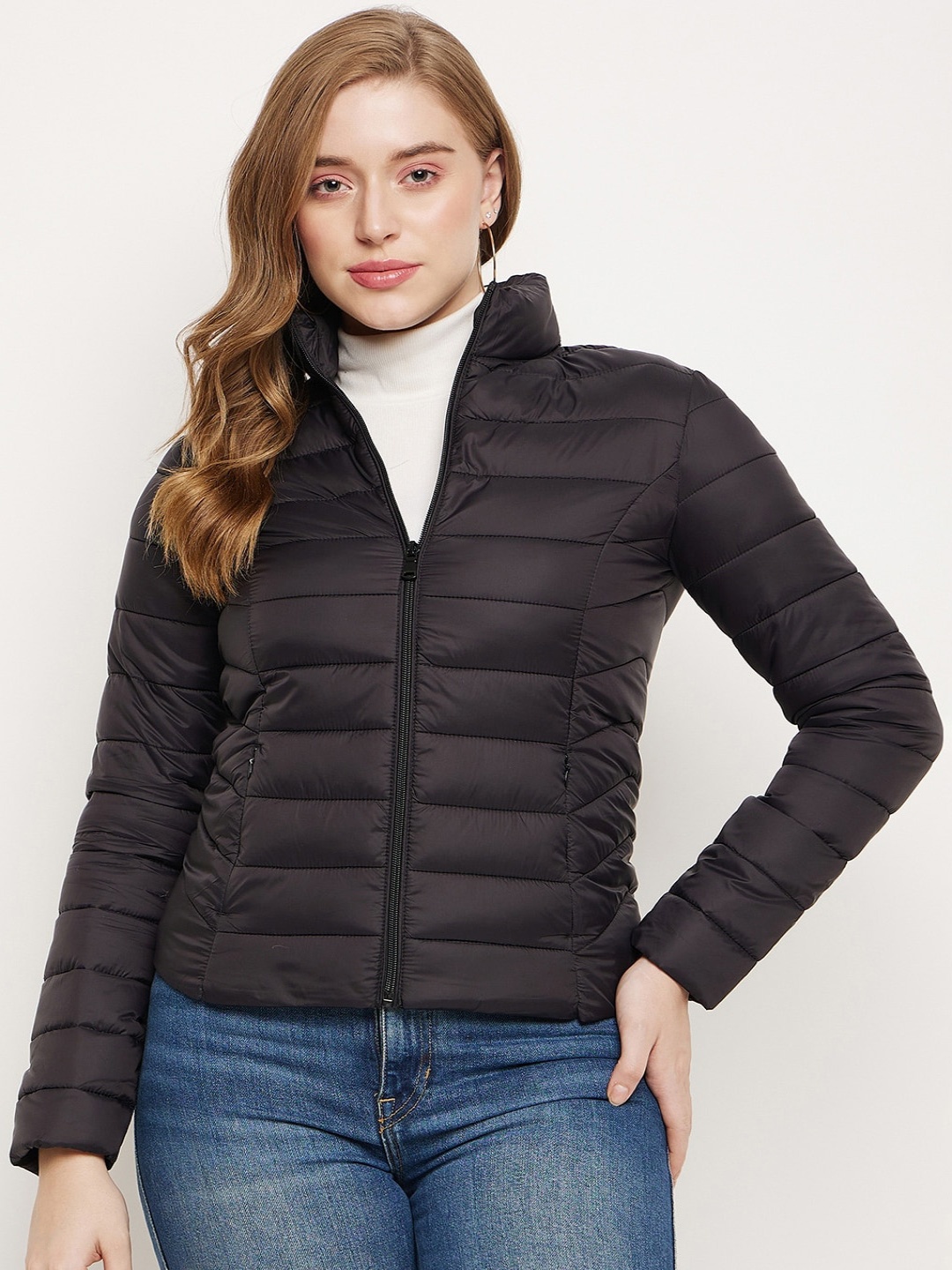 

Madame Stand Collar Long Sleeves Puffer Jacket, Black