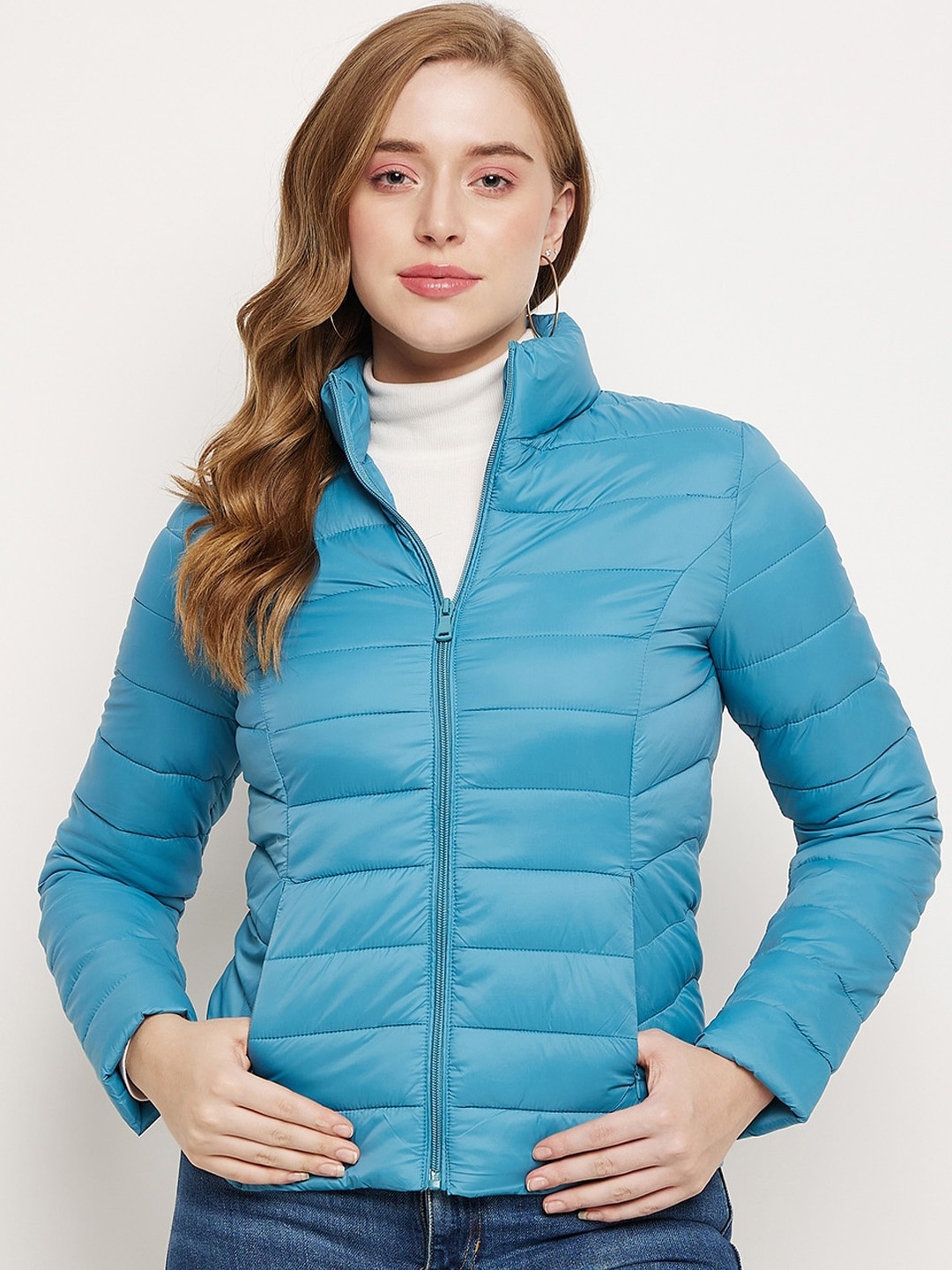 

Madame Stand Collar Long Sleeves Puffer Jacket, Blue