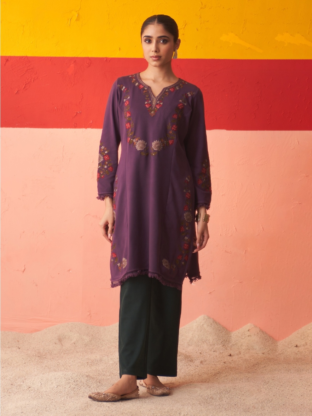 

Lakshita Floral Embroidered Sequined Wool Straight Kurta, Purple