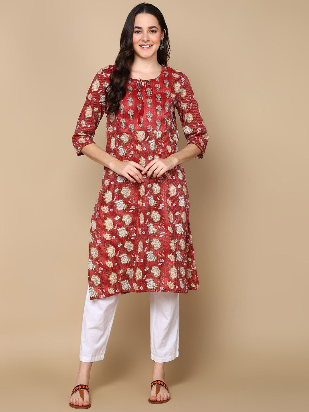 

House Of Zelena Floral Printed Tie-Up Neck Straight Cotton Maternity Kurta, Maroon