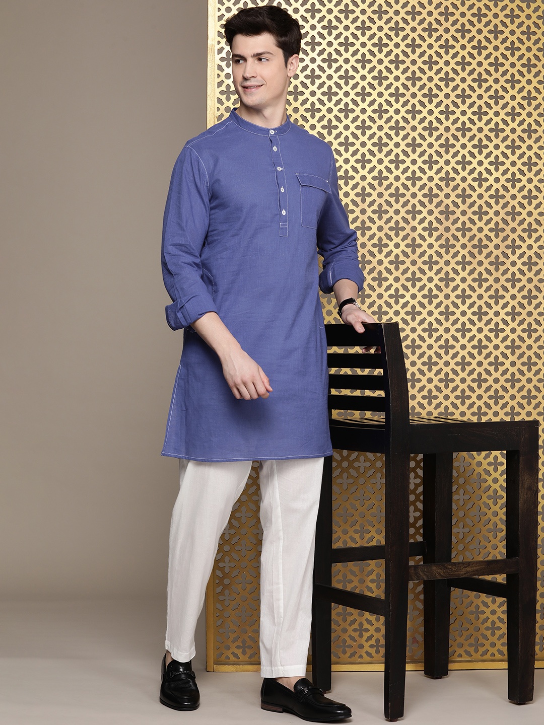 

House of Pataudi Pure Cotton Regular Rozana Kurta With Trousers, Blue