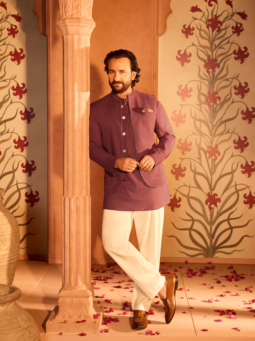 

House of Pataudi Men Rozana Solid Kurta with Trousers, Brown