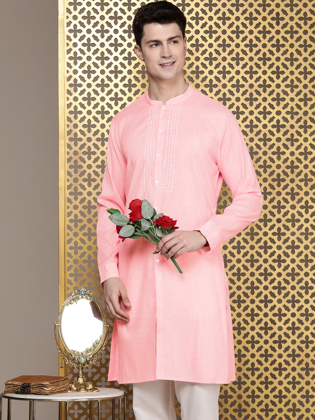 

House of Pataudi Thread Work Straight Rozana Kurta, Pink