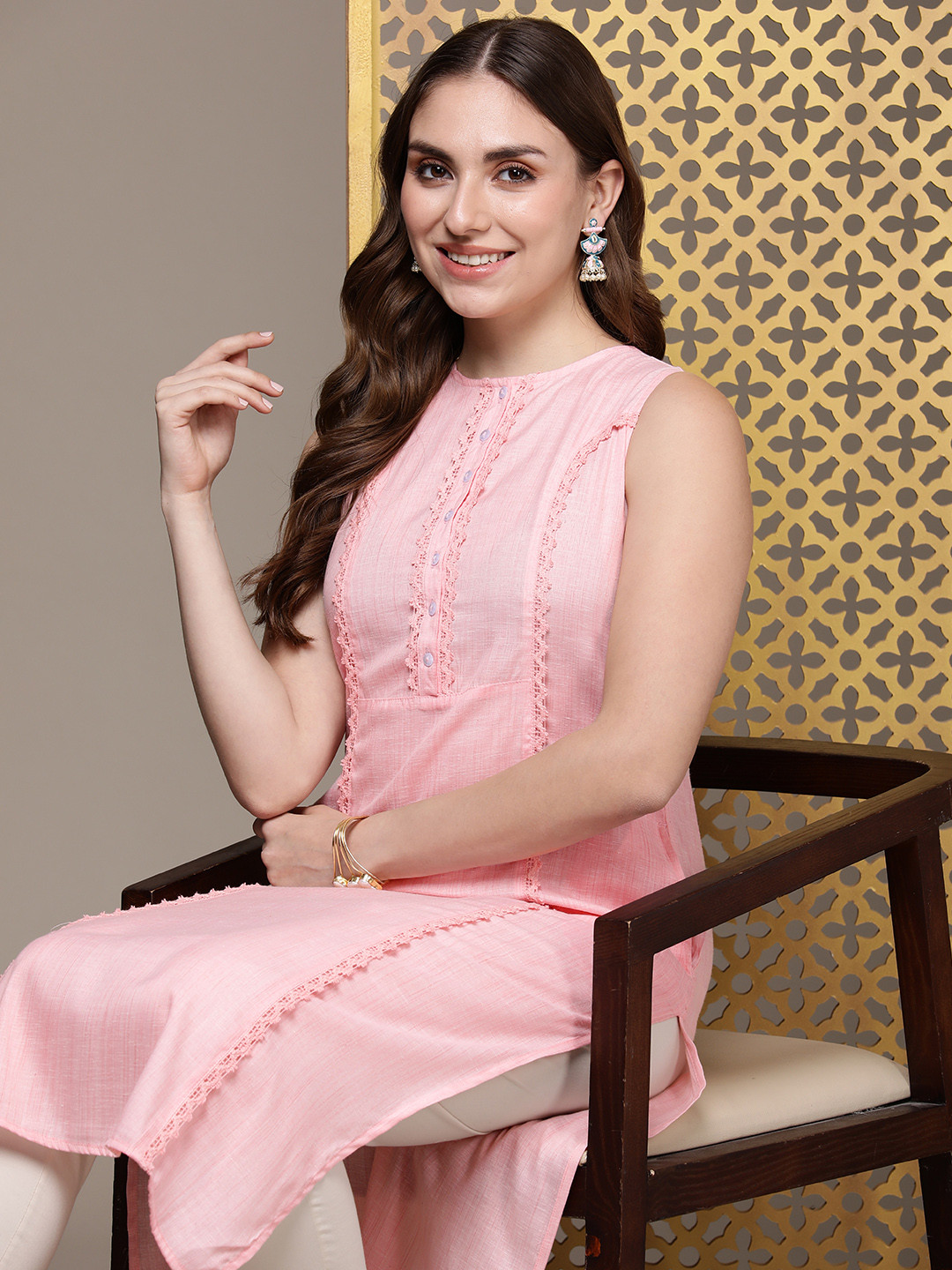 

House of Pataudi Self Design Lace Detail Rozana Kurta, Pink