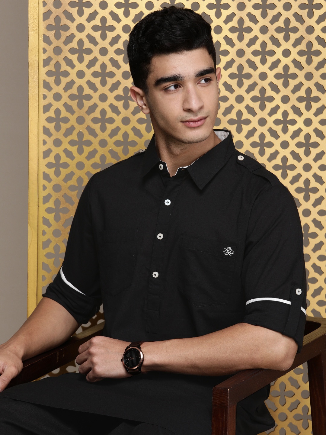 

House of Pataudi Pure Cotton Rozana Pathani Styled Kurta With Patiala, Black