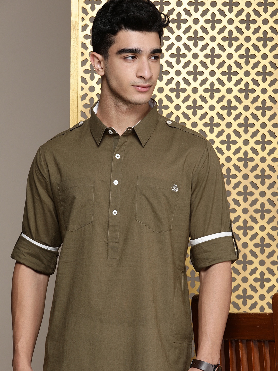 

House of Pataudi Pure Cotton Rozana Pathani Styled Kurta With Patiala, Olive