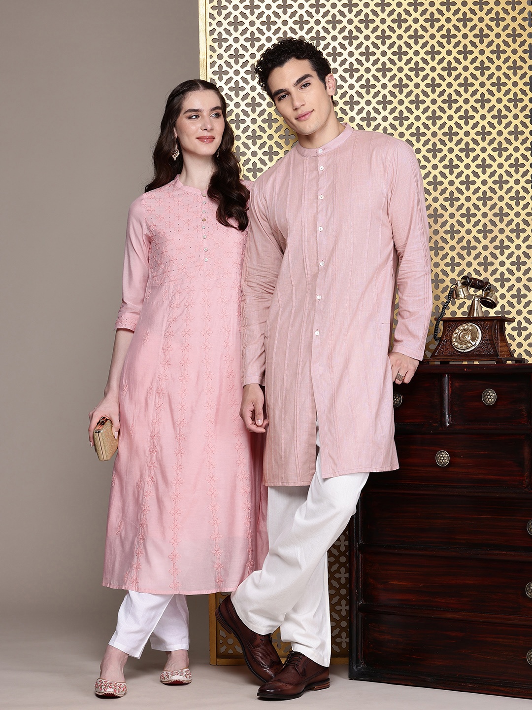 

House of Pataudi Solid Pure Cotton Straight Jashn Kurta, Pink