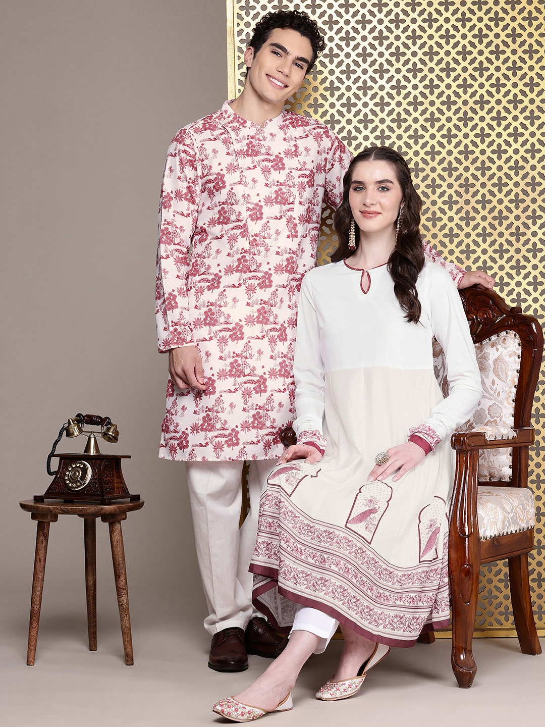 

House of Pataudi Angrakha Tropical Printed Rozana Kurta, White