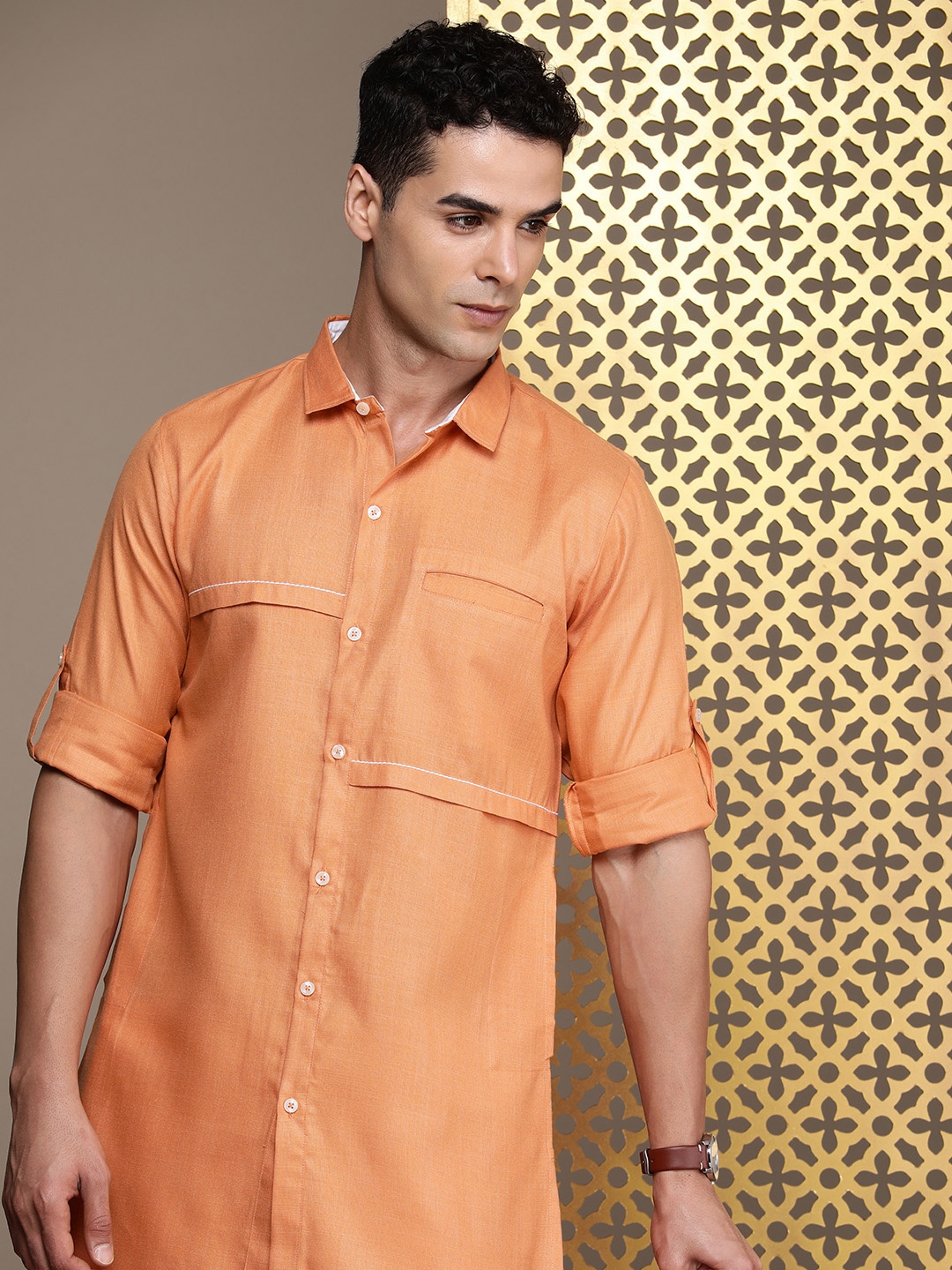 

House of Pataudi Men Jashn Pathani Kurta With Trousers, Orange