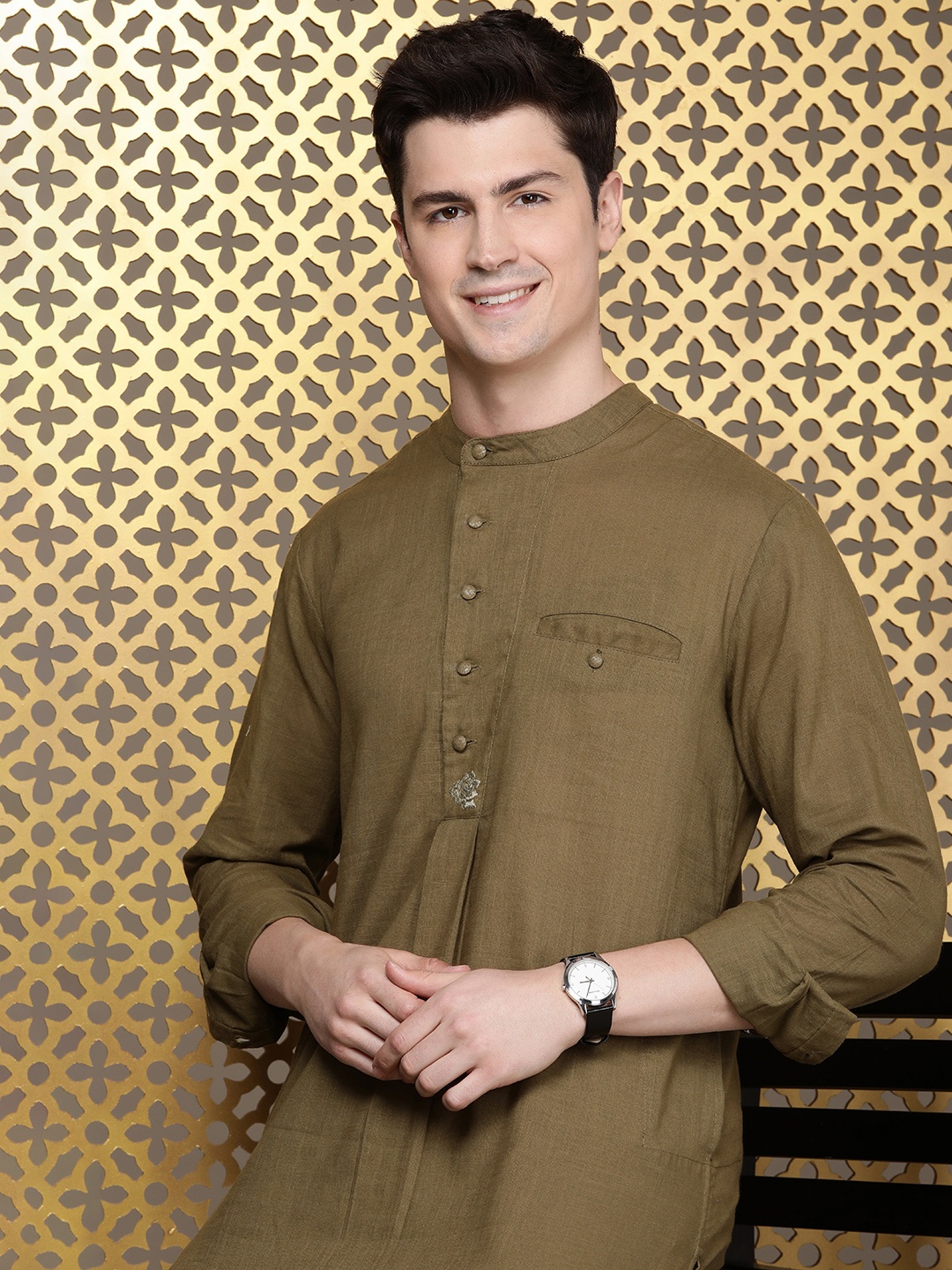 

House of Pataudi Pure Cotton Solid Rozana Kurta, Olive