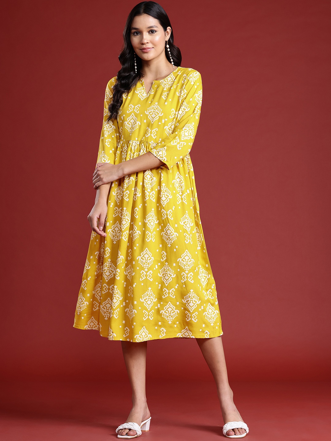 

Anouk Ethnic Motif Printed A-line Ethnic Dress, Yellow