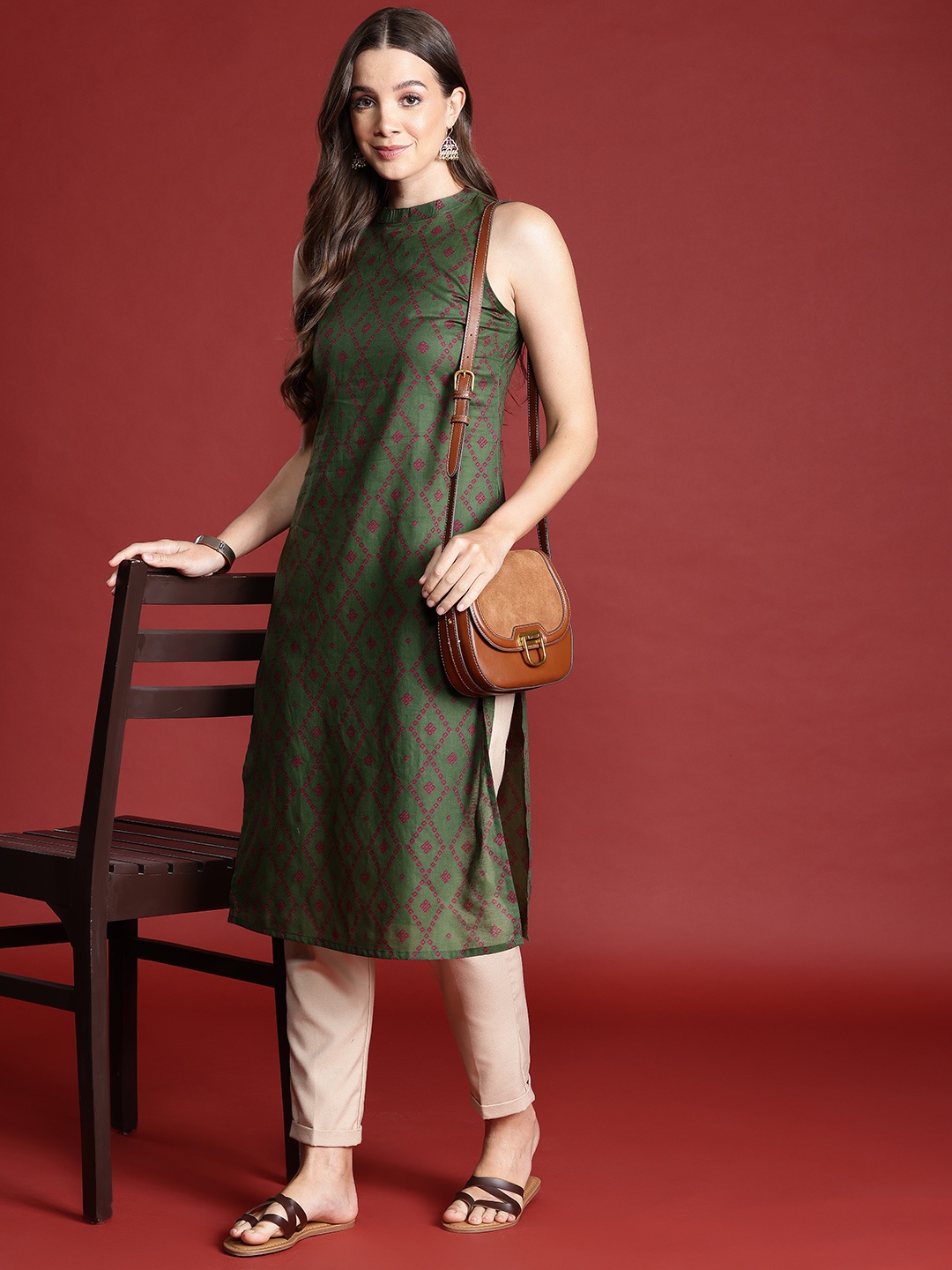 

Anouk Bandhani Print Cotton Kurta, Olive