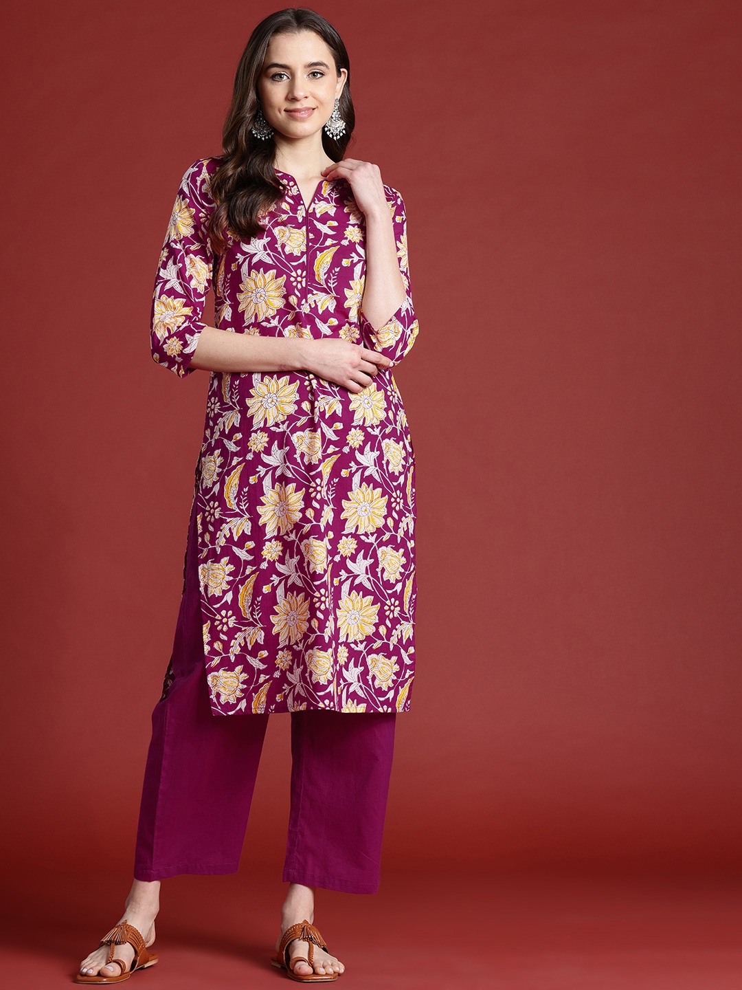 

Anouk Floral Printed Pure Cotton Kurta with Trousers, Magenta