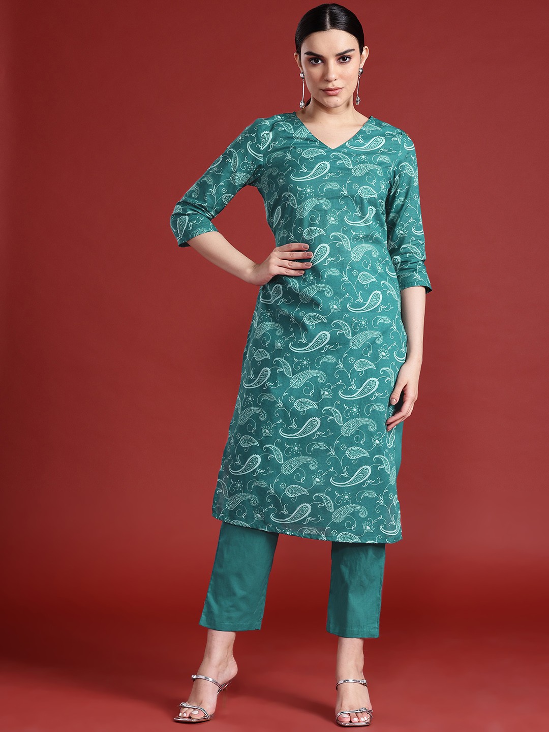 

Anouk Paisley Print Pure Cotton Kurta with Trousers, Teal