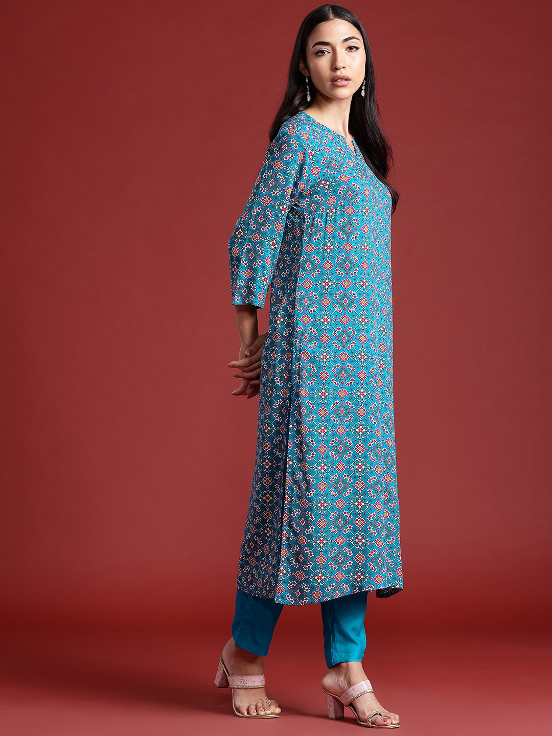 

Anouk Ethnic Motifs Print Straight Kurta with Trousers, Blue