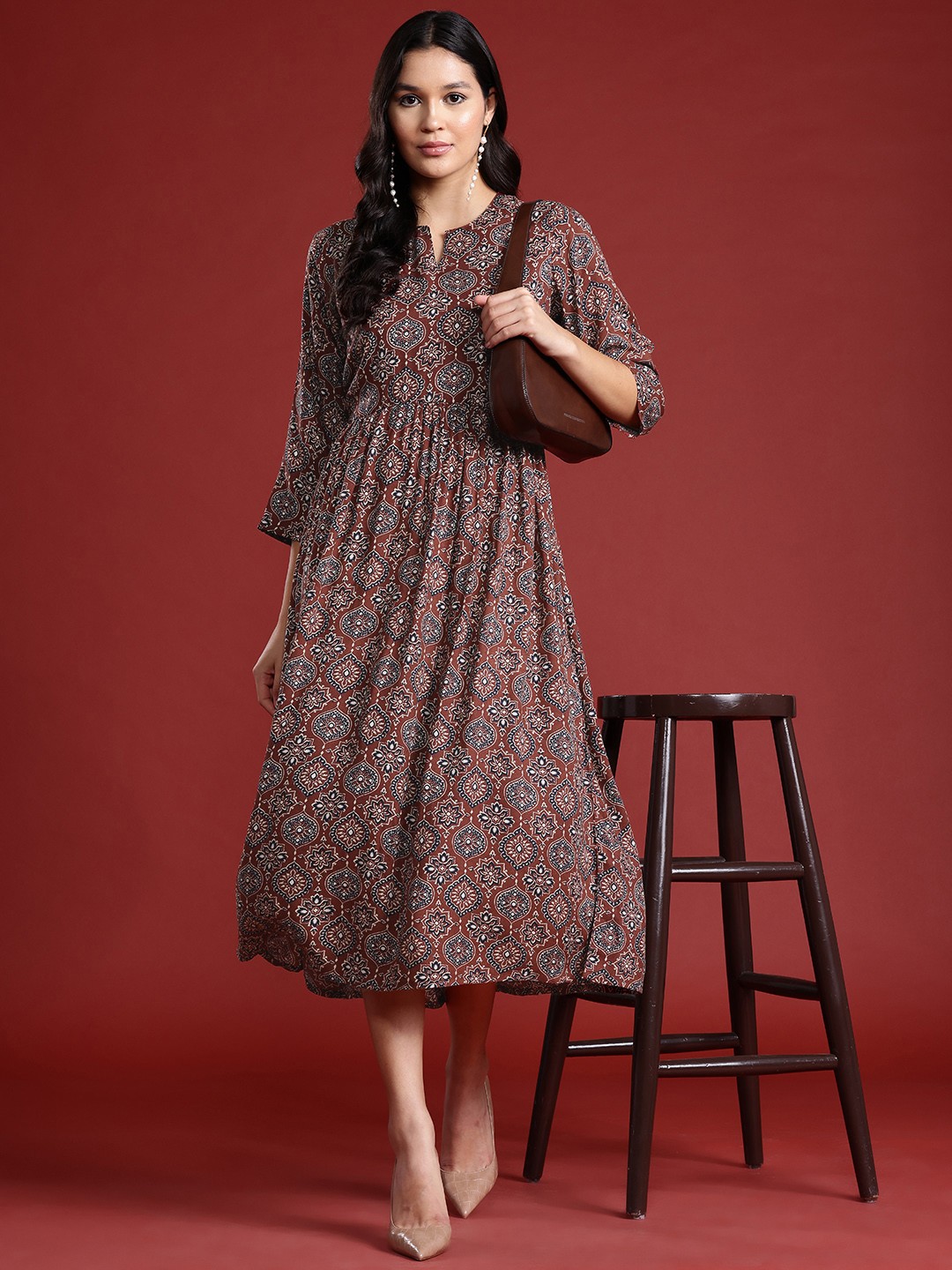 

Anouk Ethnic Printed A-Line Dress, Brown