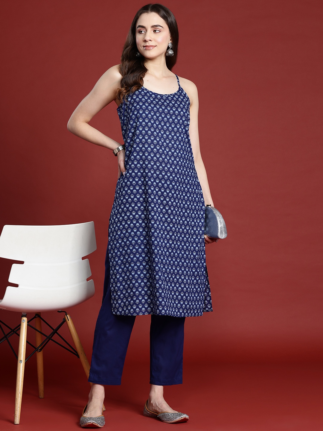 

Anouk Ethnic Motifs Printed Pure Cotton Kurta with Trousers, Navy blue