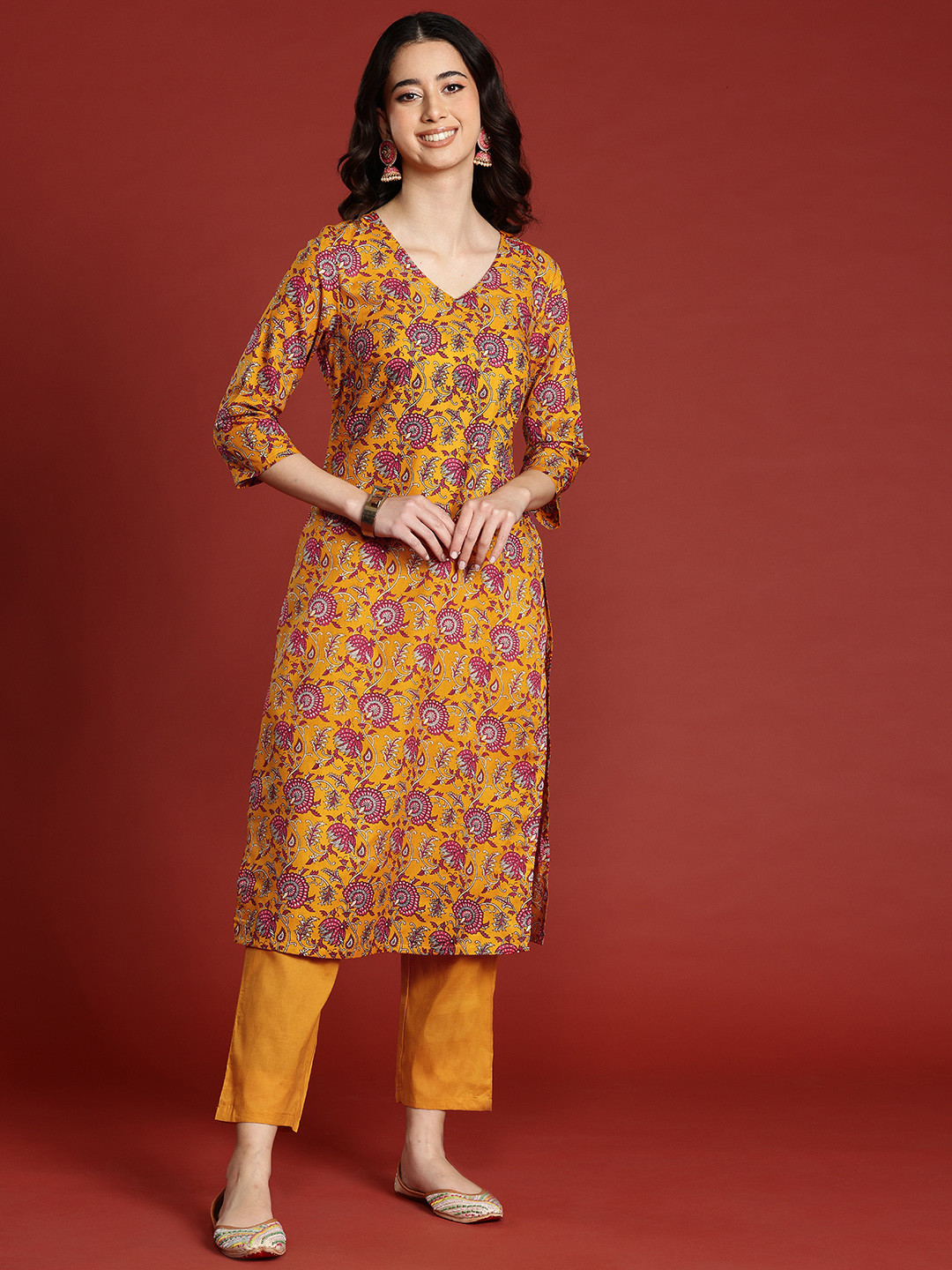

Anouk Floral Printed Pure Cotton Kurta with Trousers, Mustard