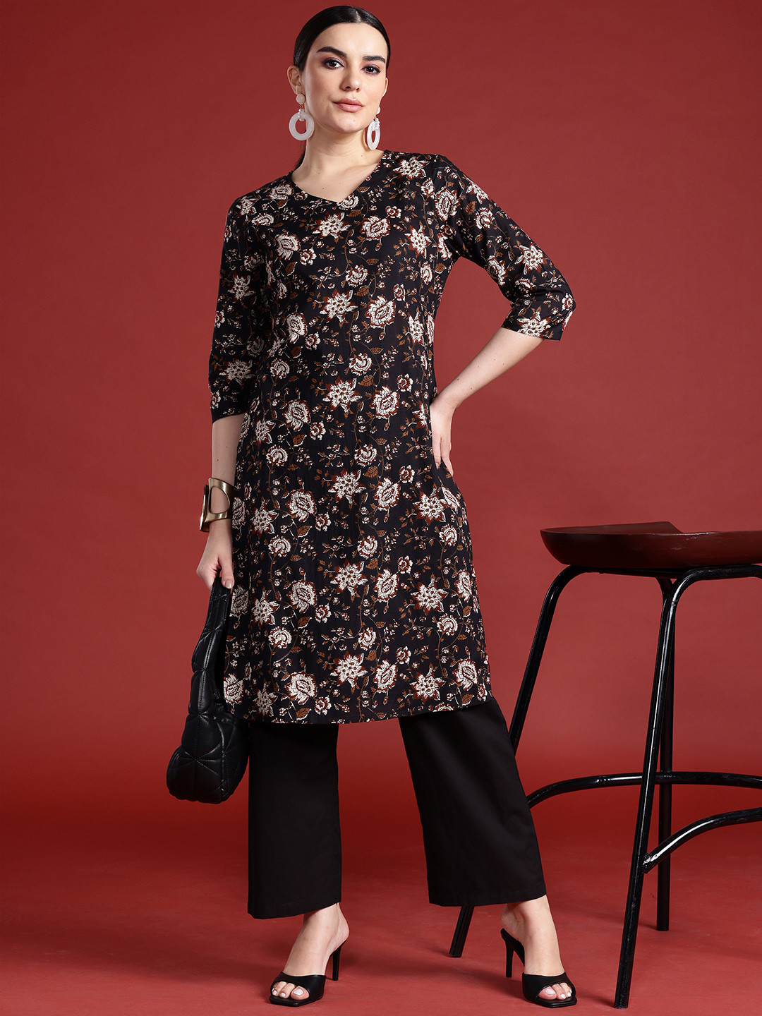 

Anouk Floral Print Pure Cotton Kurta with Trousers, Black