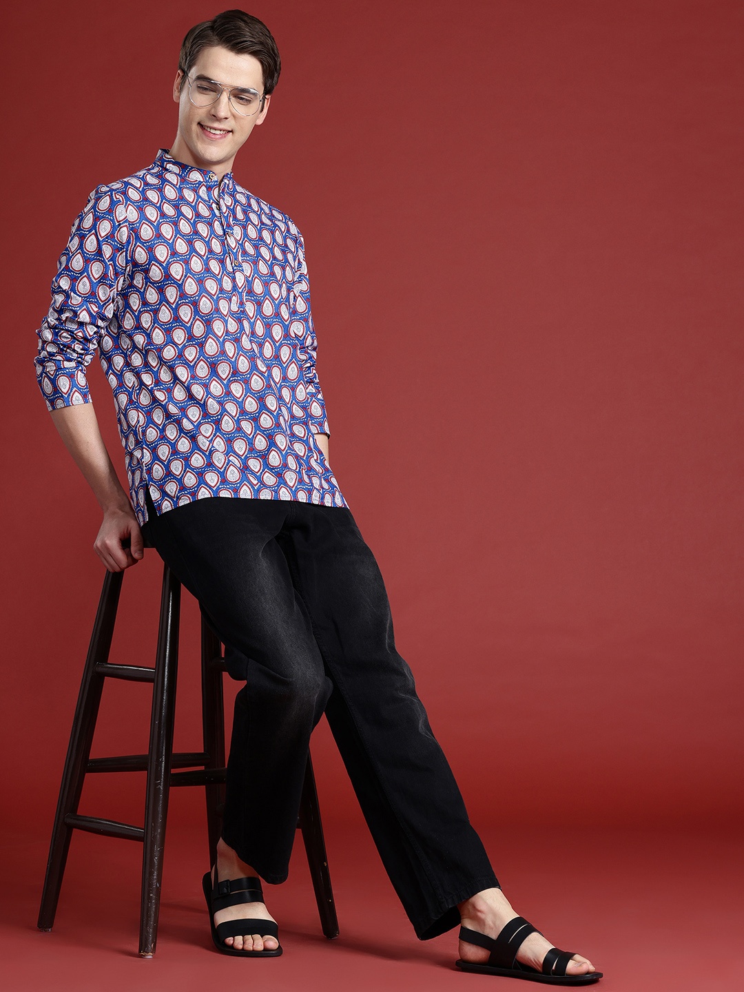 

Anouk Pure Cotton Printed Mandarin Collar Kurta, Blue