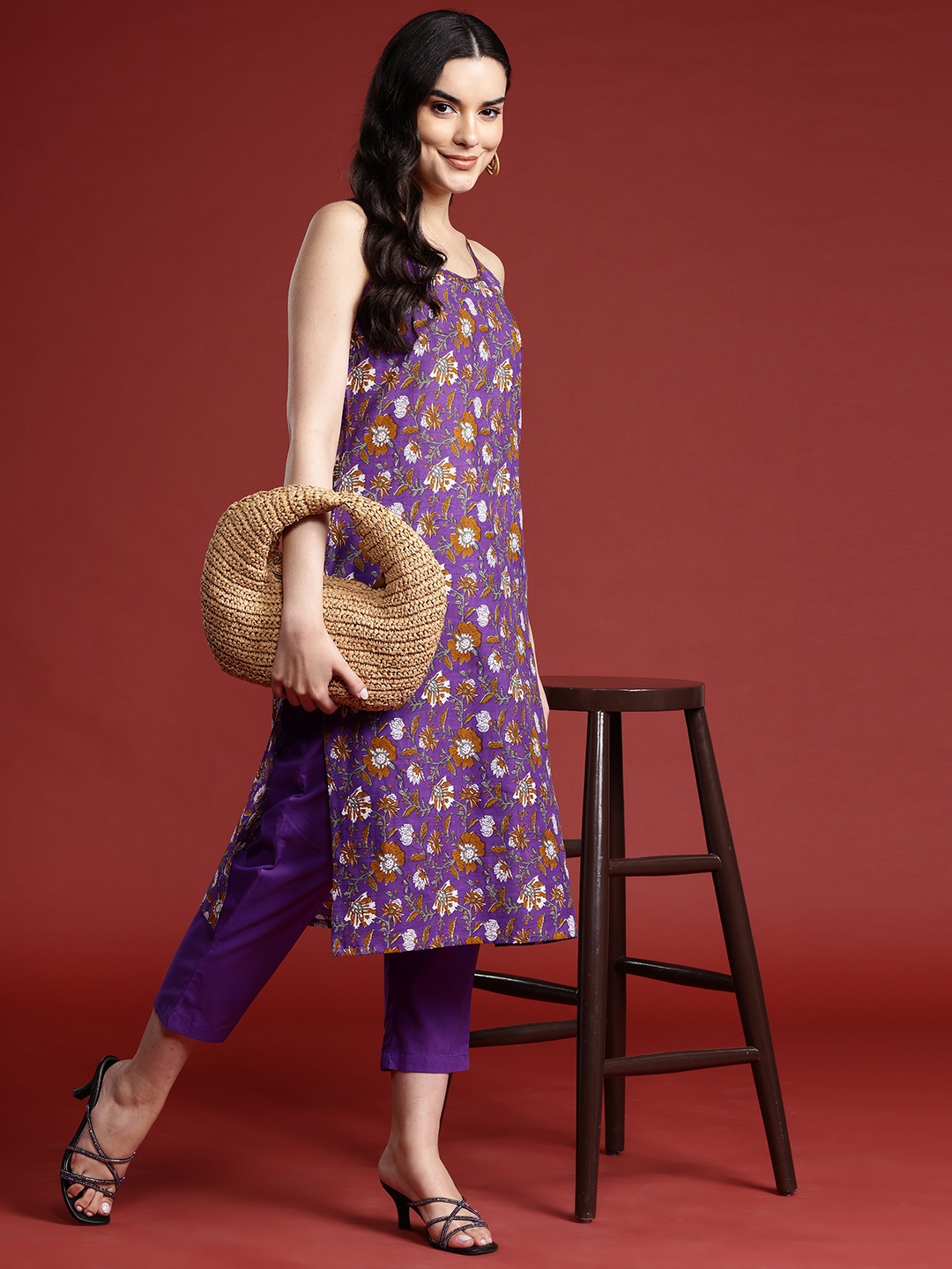Anouk Women Floral Printed Pure Cotton Kurta with Trousers, Violet