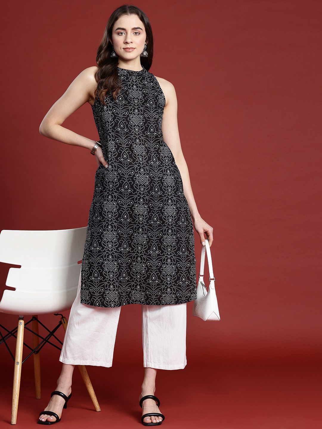 

Anouk Bandhani Print Straight Kurta, Black