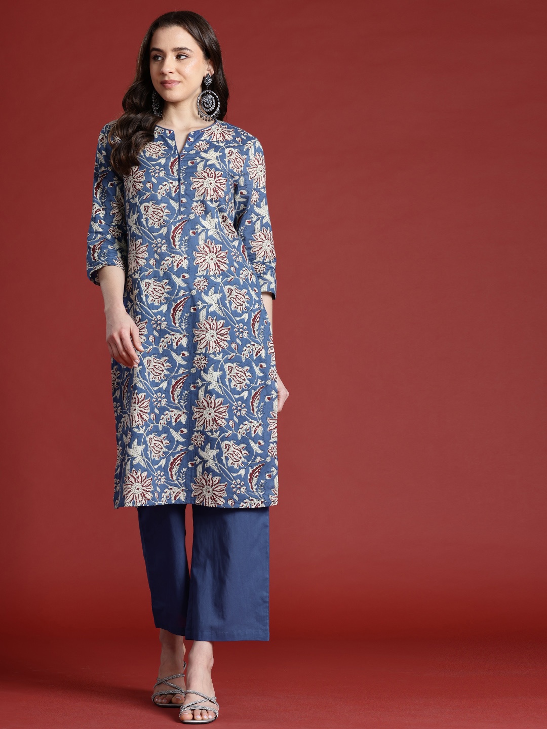

Anouk Floral Printed Pure Cotton Kurta with Trousers, Blue