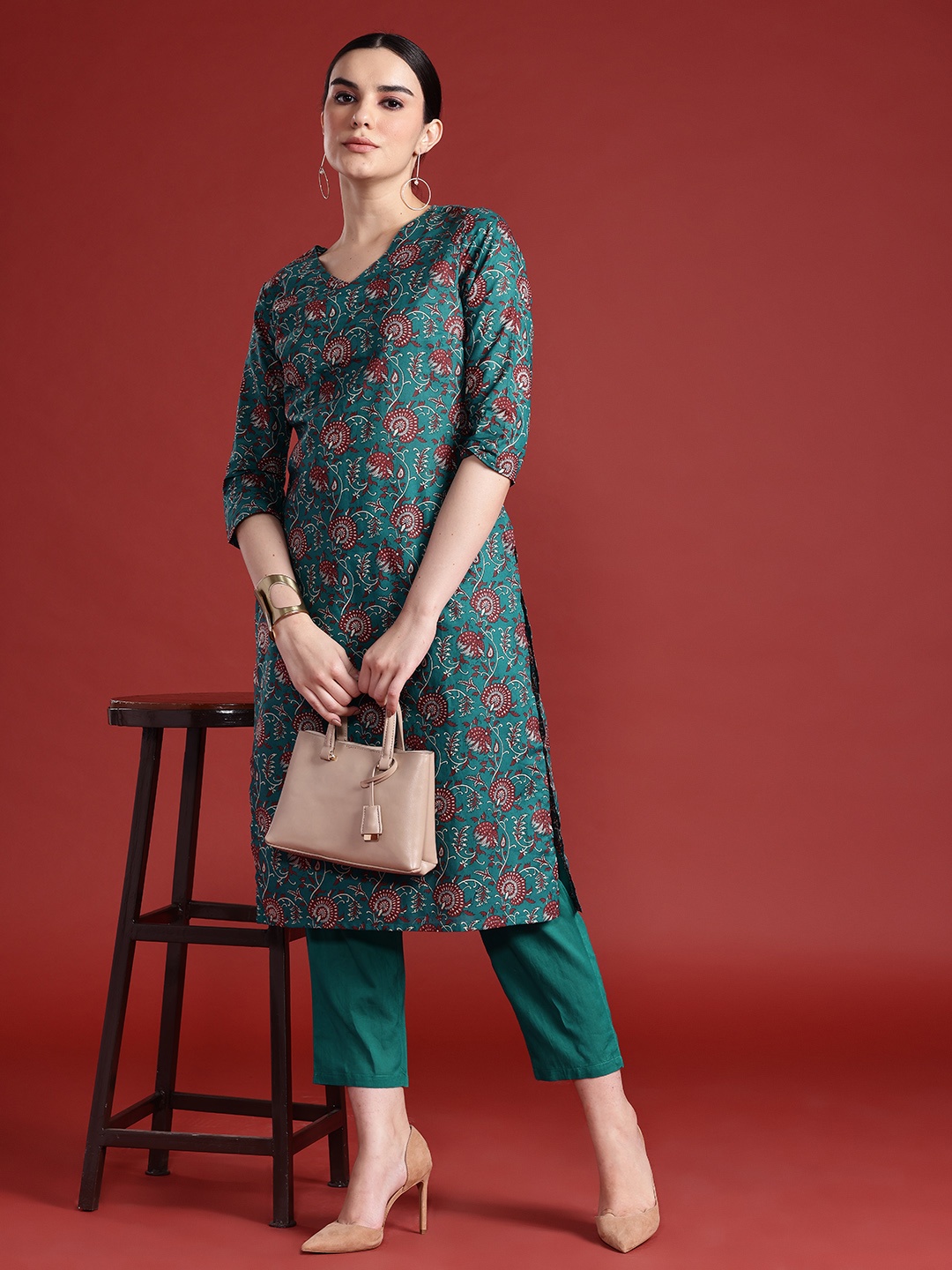 

Anouk Floral Print Pure Cotton Kurta with Trousers, Green